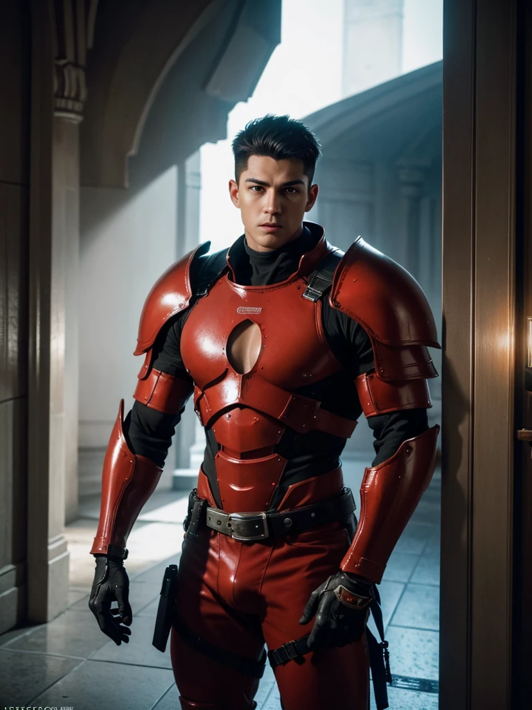 超High resolution, Highest quality, photograph, 4K, (photographrealistic: 1.4), Cinema Lighting, (Shirtless Muscular Man), slim muscular man, A man wearing crimson medieval armour on his lower body, Environment Cyberpunk, cathedral, Portal of the future, 3D light, High resolution, magic, light god, Backlight, Detailed face, Contrasting, Smooth Skin, Soft hands, Correct Anatomy, Five Fingers.No upper body armor