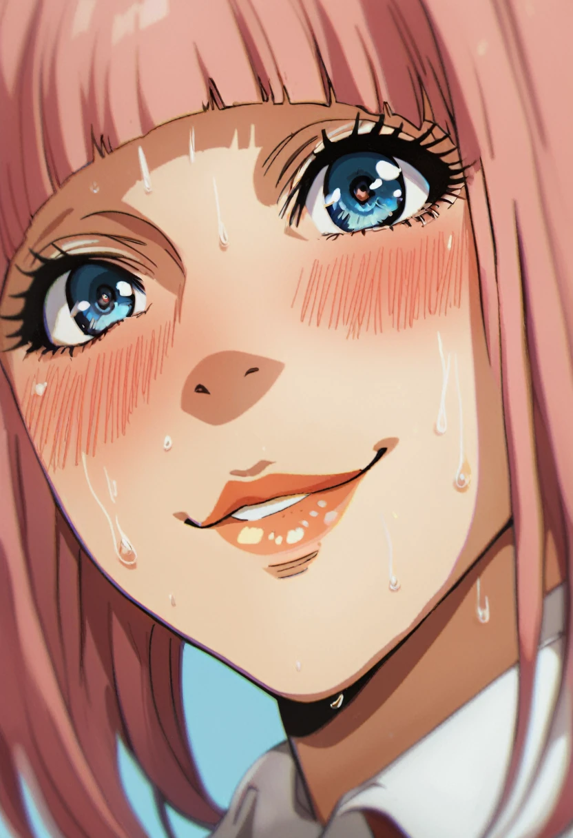 score_9_up, score_8_up, score_7_up, hana midorikawa, blue eyes, pink hair, double ponytails hairstyle, looking at viewer, blush, sadistic smile, sadistic eyes, bangs, lips, sweat, blunt bangs, close-up, best quality, high quality