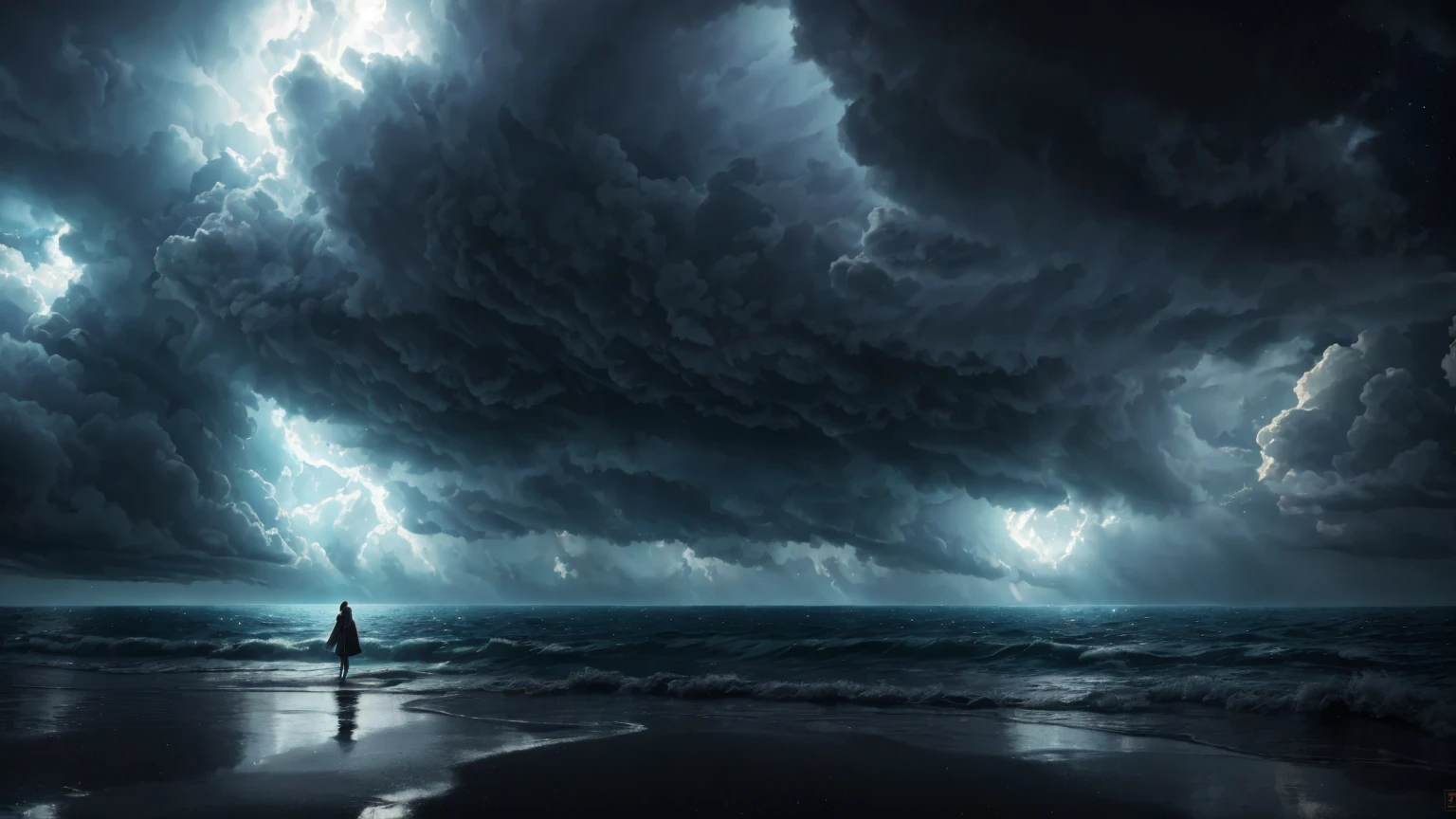 beautiful woman standing far away in a storm, sci fi clouds, masterpiece, best quality, high quality, extremely detailed CG unit 8k wallpaper, award winning photography, Bokeh, Depth of Field, HDR, bloom, Chromatic aberration, photorealistic, extremely detailed, trending on artstation, trending on CGsociety, intricate, high detail, dramatic, mid-journey art, volumetric lighting, ultra realistic,
