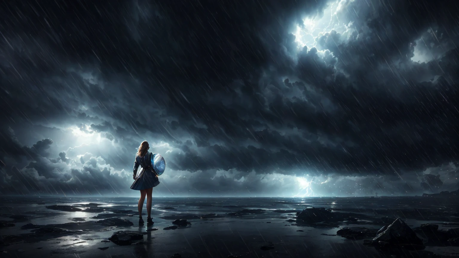beautiful woman standing far away in a storm, sci fi clouds, masterpiece, best quality, high quality, extremely detailed CG unit 8k wallpaper, award winning photography, Bokeh, Depth of Field, HDR, bloom, Chromatic aberration, photorealistic, extremely detailed, trending on artstation, trending on CGsociety, intricate, high detail, dramatic, mid-journey art, volumetric lighting, ultra realistic,