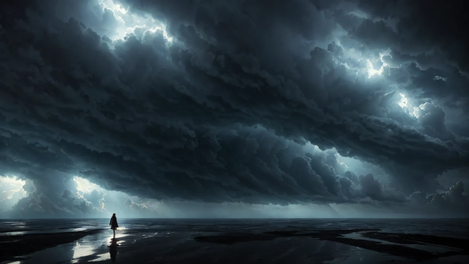 beautiful woman standing far away in a storm, sci fi clouds, masterpiece, best quality, high quality, extremely detailed CG unit 8k wallpaper, award winning photography, Bokeh, Depth of Field, HDR, bloom, Chromatic aberration, photorealistic, extremely detailed, trending on artstation, trending on CGsociety, intricate, high detail, dramatic, mid-journey art, volumetric lighting, ultra realistic,