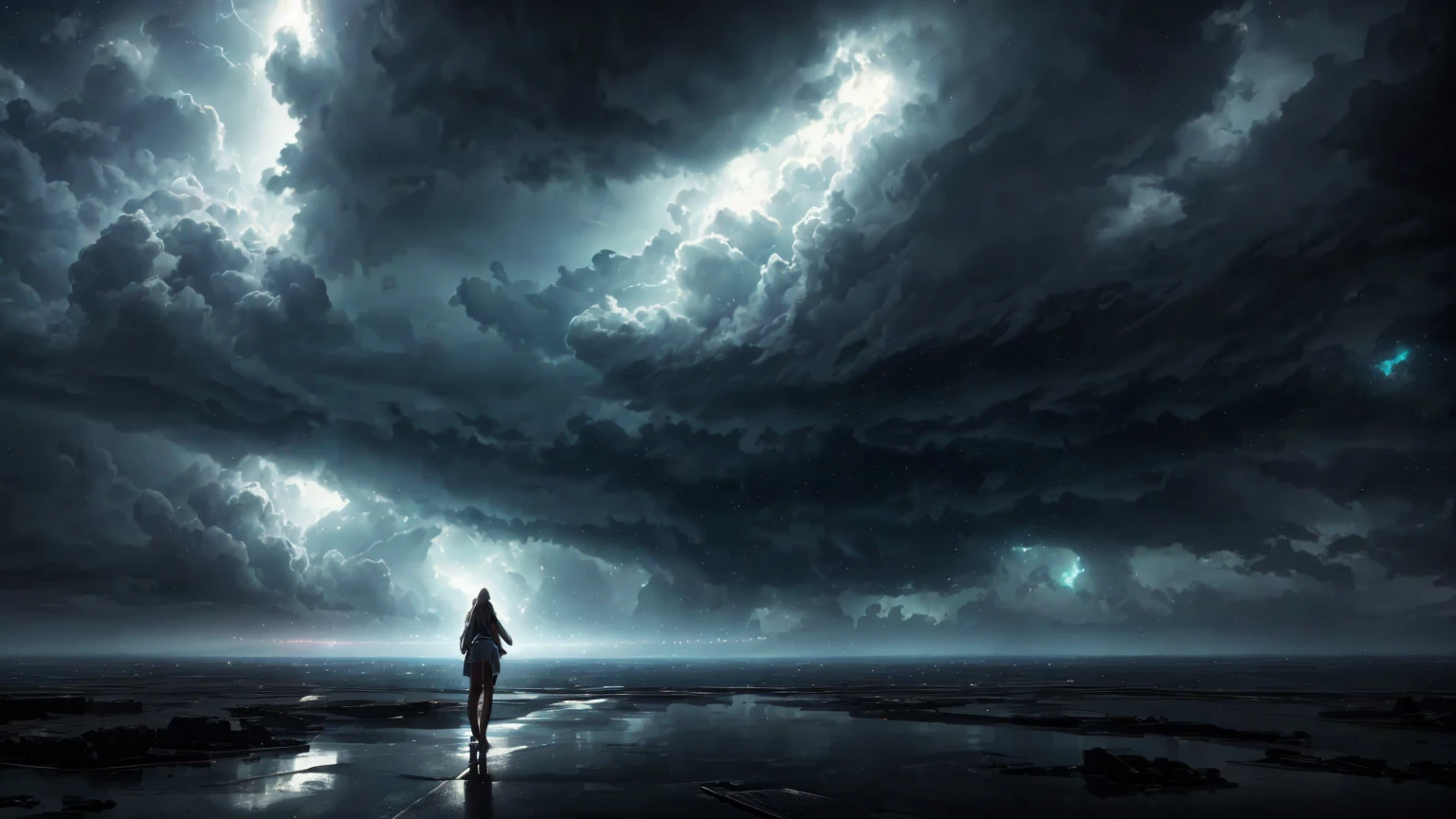 beautiful woman standing far away in a storm, sci fi clouds, masterpiece, best quality, high quality, extremely detailed CG unit 8k wallpaper, award winning photography, Bokeh, Depth of Field, HDR, bloom, Chromatic aberration, photorealistic, extremely detailed, trending on artstation, trending on CGsociety, intricate, high detail, dramatic, mid-journey art, volumetric lighting, ultra realistic,