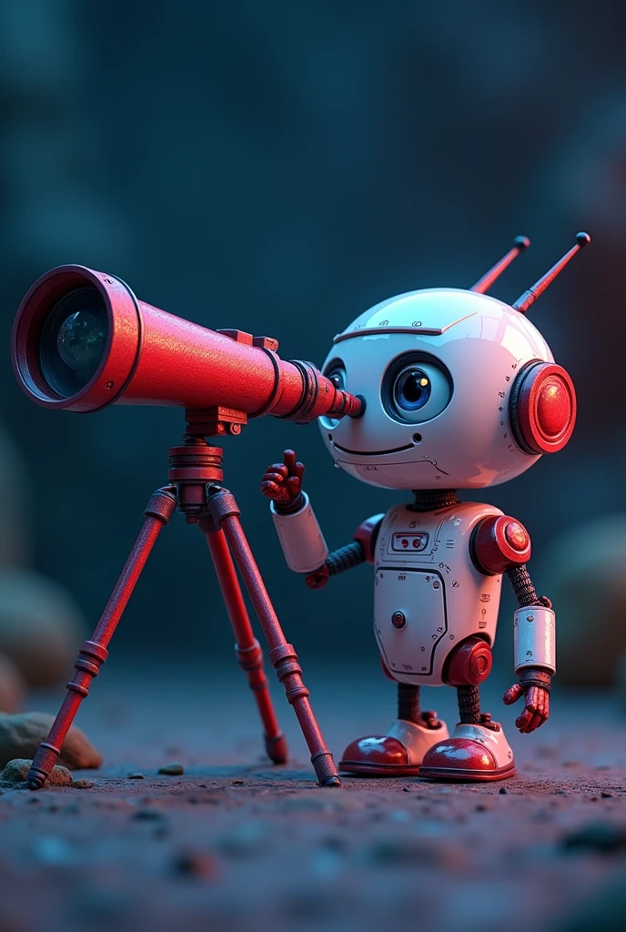 I want a cute 3D robot looking through a red and dark blue telescope