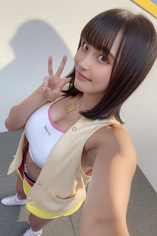 1girl, beautiful woman tank top jacket、Pink Panties, skinny, perfect body, defined abs, gold hair, standing in a white wall photography studio, ultra-detailed face, beautiful eyes, beautiful lips, double eyelids, shy smile, trimmed bangs, sun-kissed skin, hint of pubic hair, (best quality, 8k, masterpiece:1.3), frontal and full-body shot, pussy line, front facing, open legs