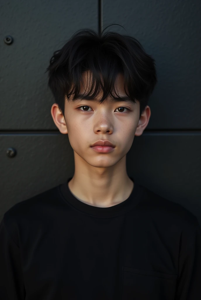Create a ultra realistic picture where a boy in a black shirt. The background features is cyber style black wall. There should not be his shadow and also he will be an attractive boy with a beautiful face 