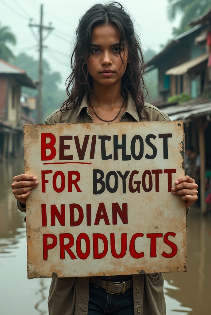 Give me an image which written Boycott Indian Products banner with girl.
Reason Bangladesh flood.