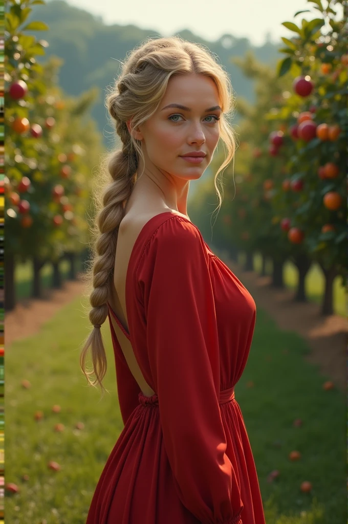 Blonde girl 40 years old, with a long braid, blue-eyed stands in the orchard, in a short red dress.