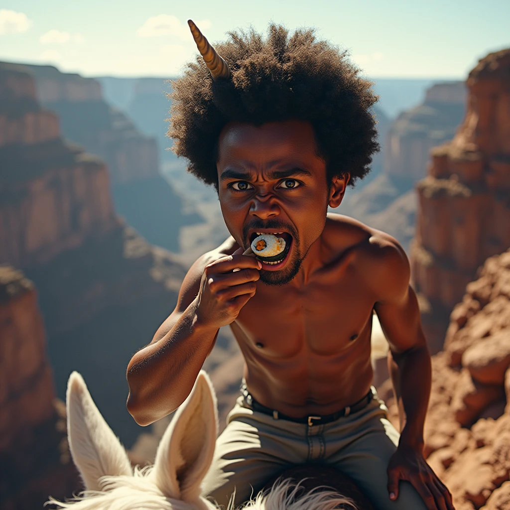 close-up shot of a short muscular man with an afroperm hairstyle, trying to eat ((sushi)), like he is famished, riding a unicorn on a steep narrow path going down the side of the grand canyon walls, highly detailed, photorealistic, 8k, (best quality,4k,8k,highres,masterpiece:1.2),ultra-detailed,(realistic,photorealistic,photo-realistic:1.5),HDR,UHD,studio lighting,ultra-fine painting,sharp focus,physically-based rendering,extreme detail description,professional,vivid colors,bokeh,landscape,dramatic lighting, unbelievable view as backdrop, distant horizon, so real the viewer cannot tell it is a photo