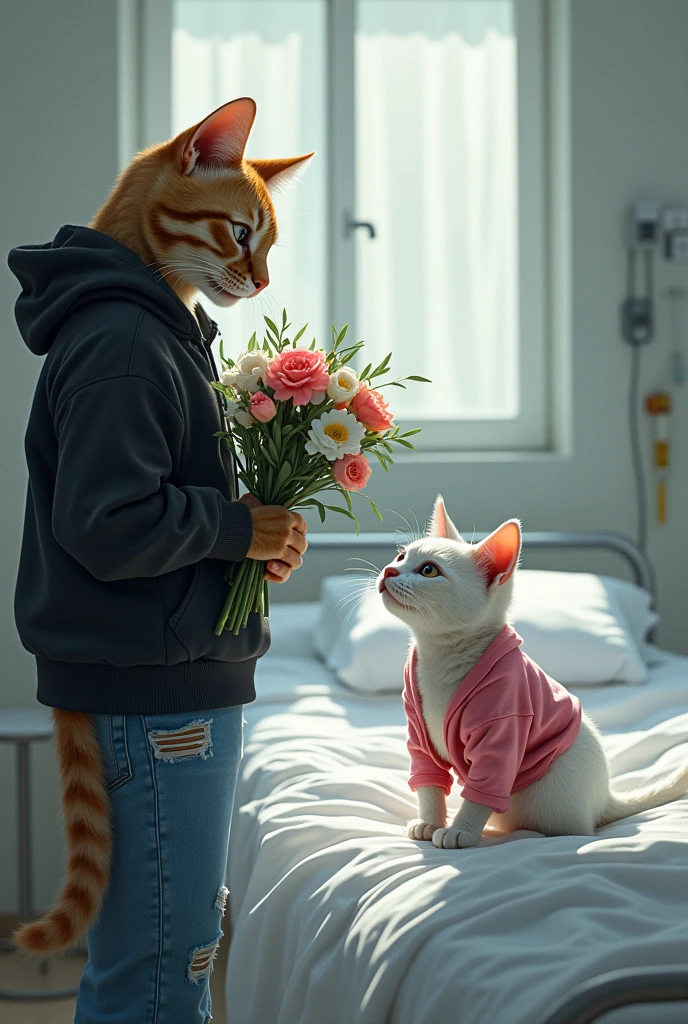 A white bony cat dressed in pink top and blue jeans on hospital bed looks with hope on a yellow cat dressed in tattered black hoodie and black jeans with bouquet in hands