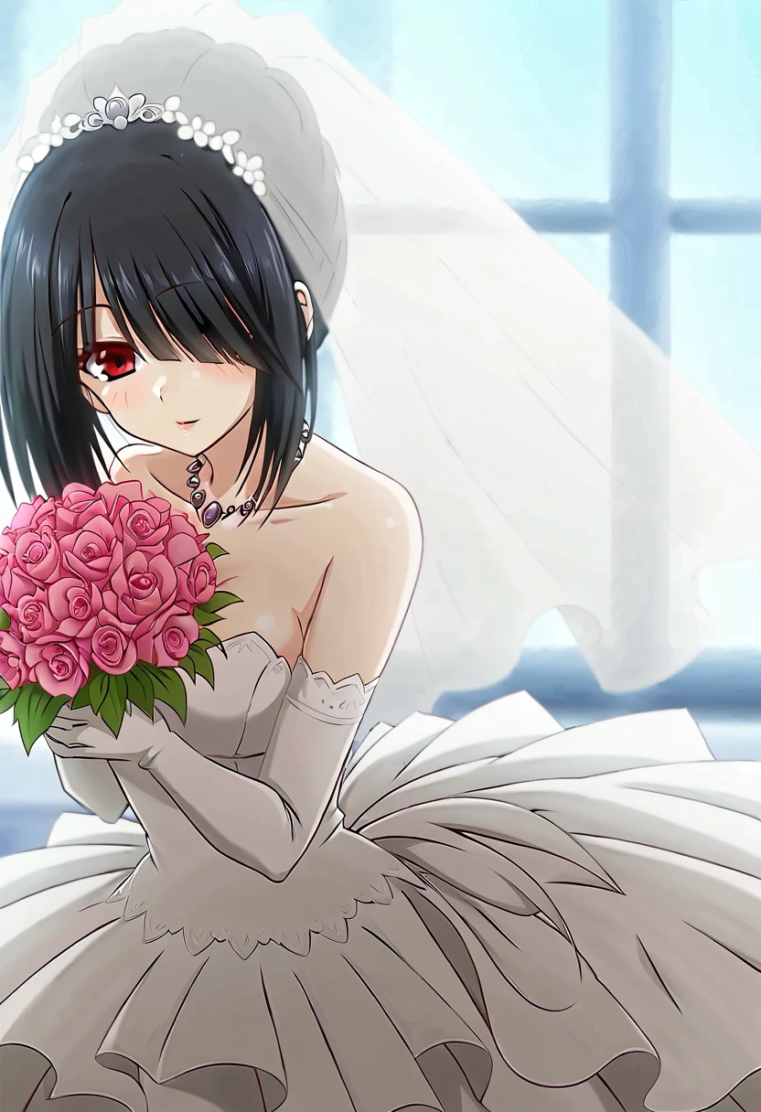 tokisaki kurumi, (((Best quality))), ((Ultra-detailed)), ((illustration)), ((Disheveled hair)), ((frilld)), (1 girl),(Solo), 1girl, black hair, bouquet, breasts, dress, elbow gloves, flower, gloves, jewelry, necklace, veil, wedding dress, window