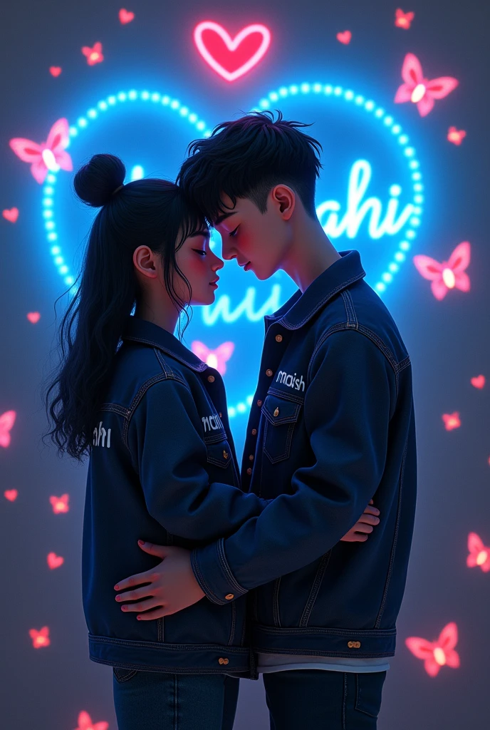A Realistic couple wearing a black color of denim coat and "Manish" is written on the boy's denim and " Mahi" is written on the girl's denim. the boy holds his forehead to his girlfriend, He holds her waist with his both hands, colorful butterflies flying in the background, and "I 🩷 Love Mahi" is written on the blue light glow wall text, 3D illustration. Hyper-realistic, 8k.