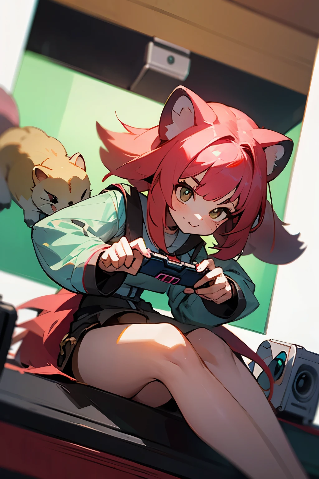 Ferret girl, cute, joy, playing videogames