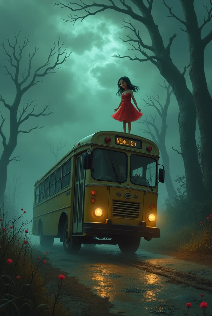 Bus on scay with girl in rad dress with smile face