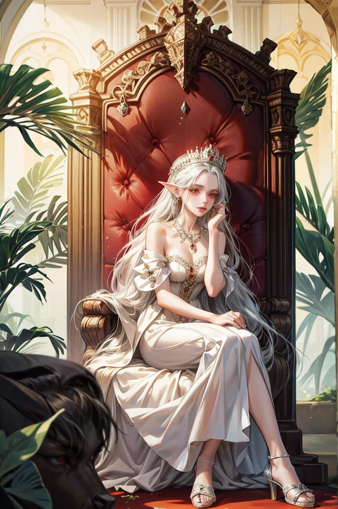 a middle-aged woman, elf, queen, princess, throne, white dress, sitting down, silver hair, long hair, crown, white Sandals, red jewelry, forehead jewel, red bead necklace, hair beads, serious, endured face, troll, determined, makeup, earrings, crescent earrings, red eyes, eye reflection, gradient_eyes, UHD, masterpiece, accurate, anatomically correct, textured skin, super detail, high details, high quality, best quality, highres
