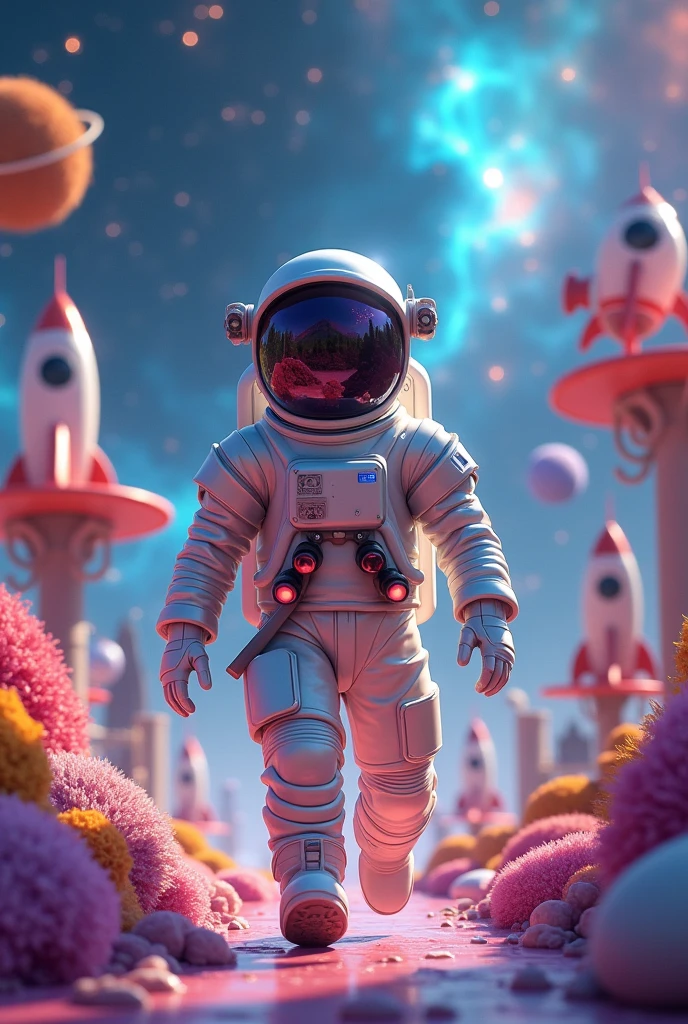 an astronaut in a universe-themed playground