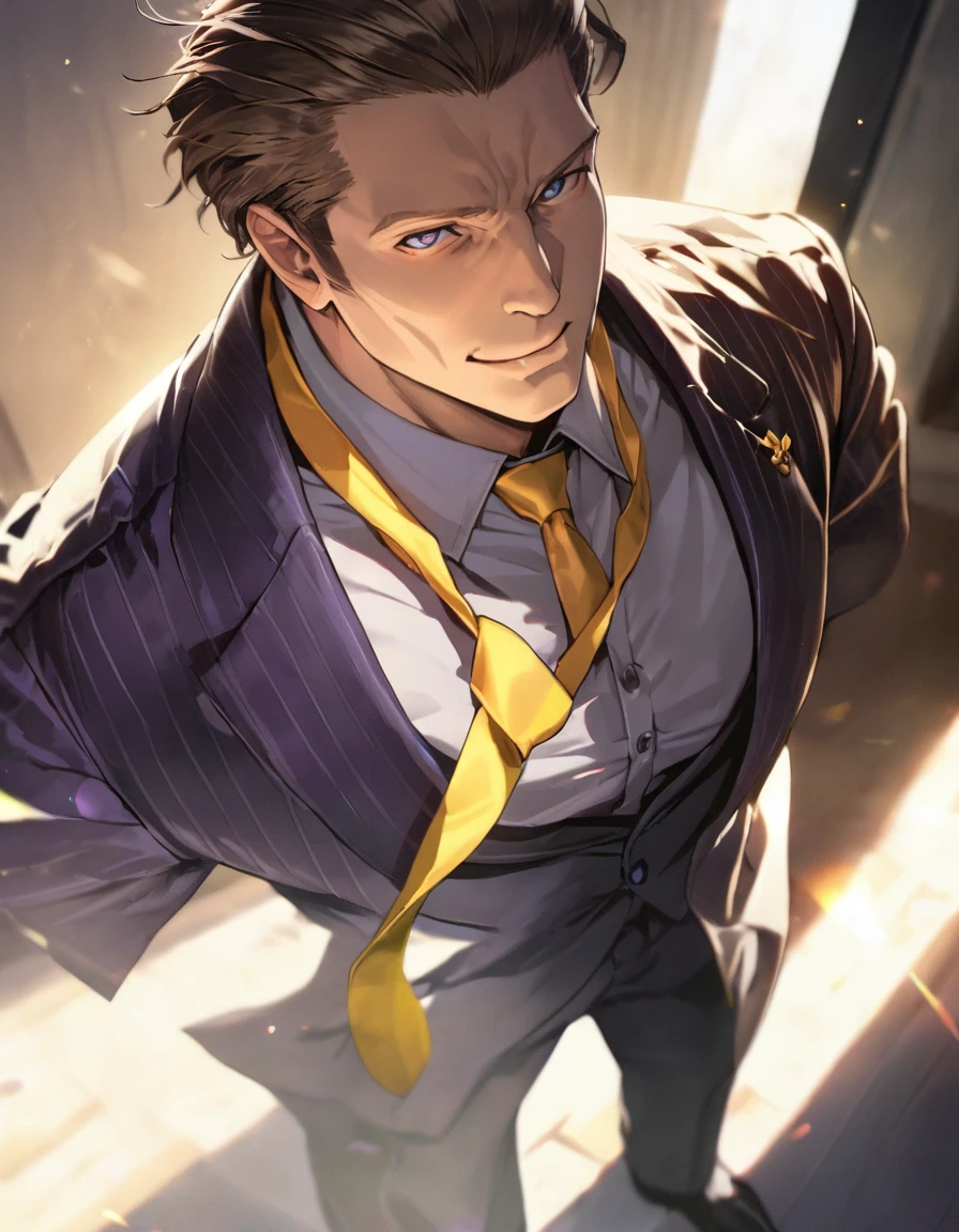 1man, solid mature male, masculine president, spiked slicked back, darkblue eyes, businessman hairstyle, olive hair, BREAK dignified playboy, toned japanese, ideal ratio body proportions, broad face, high cheekbones, BREAK violet formal jacket, purplewhite shirt, yellow necktie, BREAK solo, cool emotion, romance, sexy smile, BREAK solo, upperlegs, smart expression, visual novel, 2000s, in eroge style, in persona style, BREAK depth of field, dutch angle, cinematic shadows, cinematic lighting, lens flare, light leaks, texture, absurdres absolutely resolution, extreme all detailed, greatest painting, BREAK masterpiece, best quality