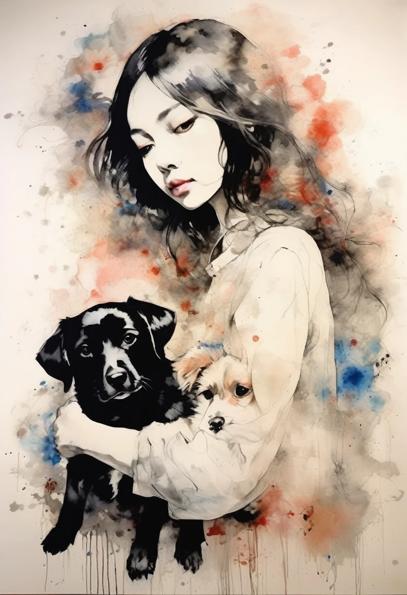 Painting of a beautiful girl holding a dog、Filled with love for dogs、愛情deep、chaos、(Ink drawing on Japanese paper, Pale painting that bleeds easily)、(絵本のようなContemporary Art) ,Dark Side Artistic、Contemporary Art、(Transparent watercolor) (Light itself is reality) (Soft layer,Colorful colors、lots of colors) (shades of paint dissolved thinly with water) (deep, Delicate colors) paint (draw) In black and white:1.4、Masterpiece、Highest quality、