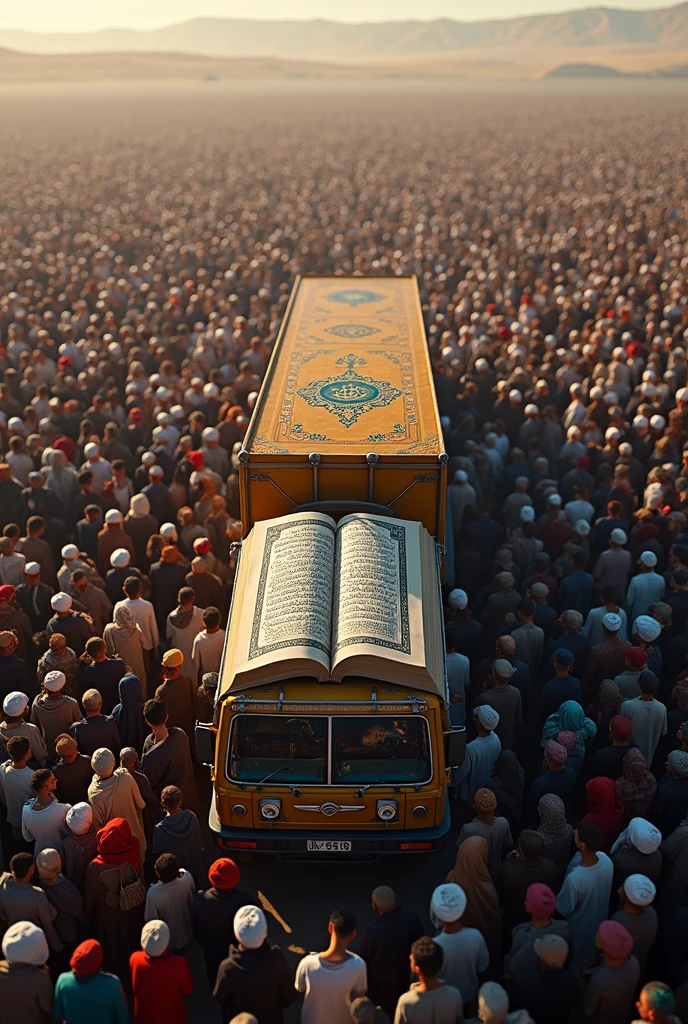 Need a photo in which Quran is placed on a truck and millions of Muslims are watching