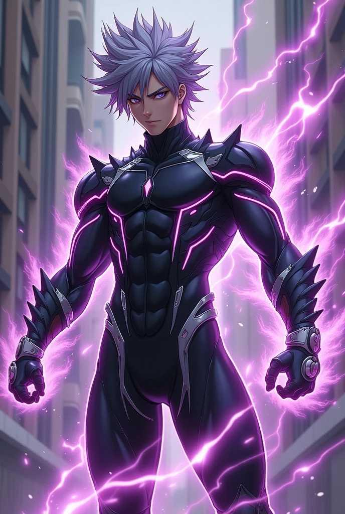 my hero academia inspired hero, male, black and silver suit, spike details on shoulder, elbow and wrists, magnetic powers, lilac magnetic filed, grey lavender short spiked hair, dark grey eyes