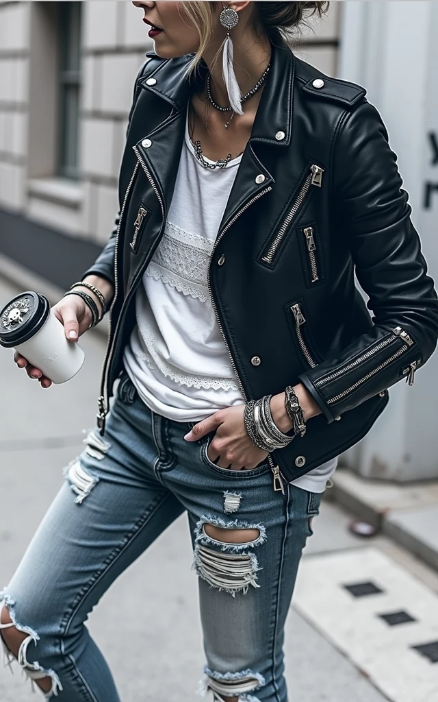 russian old milf woman, blonde hair (top bun), with very light blue eyes, extremely pale. Wearing studded cropped black moto jacket (with lots of side zippers and pins), black and white lace push up bra , dark skinny blue jeans and pointy silver Chelsea boots with cuban heels . Lots of thick wide studded  bracelets, chain collars and big rings. Tacky wide studded leather belt with big skull and bones round buckle. Long earrings with feathers. Standing up, humble facial expression. Hands touching her neck in a shy way, showing off bracelets and rings. Chains around belt.. Listening in amazement to somebody speaking to her, toned six pack abdominals, thin neck, slim legs and thin arms. Narrow hips. Pierced belly button Tattoed heavily. Graffitied brick wallin Bronx