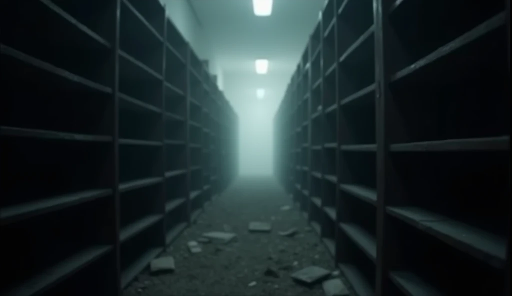 A minimalist, dark background with slightly
blurred silhouettes of empty storage shelves/vaults, representing the
dramatic shortage. A narrow, dimly lit corridor lined with dark, empty bookshelves fades into a thick haze. The floor is obscured by a layer of debris, creating an eerie, abandoned atmosphere. The perspective draws the viewer's eye toward an indistinct end, enhancing the sense of depth and mystery.