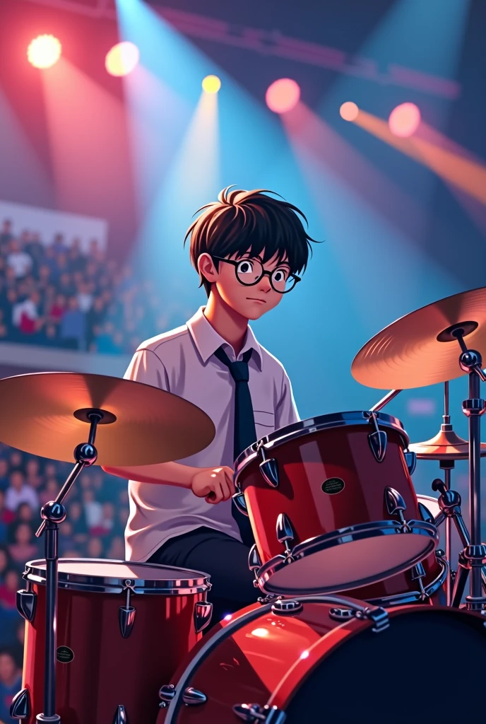 A high school boy wearing round brown glasses、Playing drums at a live concert。