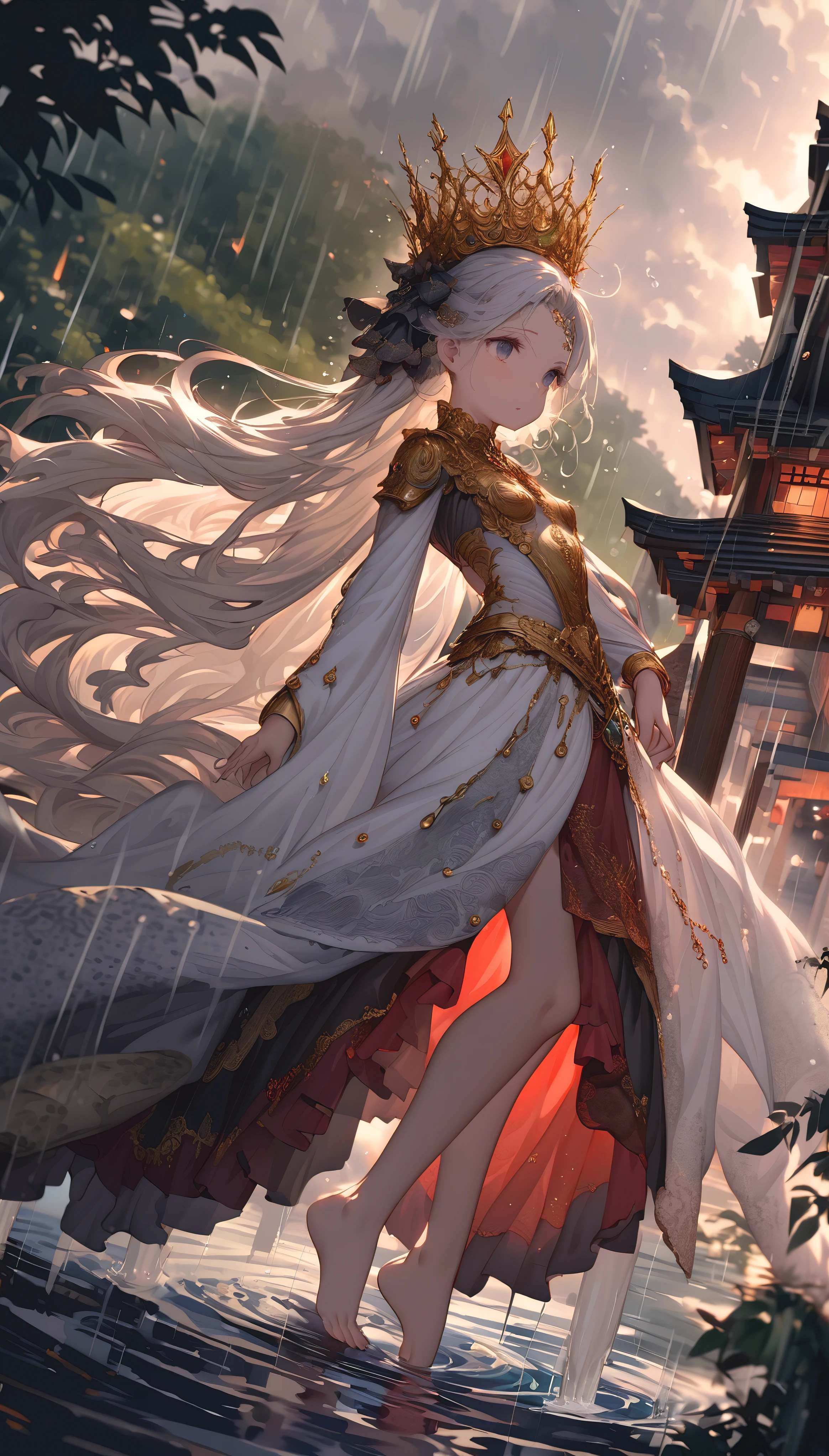 (wide angle), (solo), (A :1.2), (very young little girl), , (Solo), (small breast), (wide angle), raw photo, Aesthetic, Convoluted, Awarded, chiaroscuro, Best Quality, Detailed background, (Misty atmosphere:1.2), (hard rainy day:1.1),((Girl in very long costumes of shrine witches:1.2)), detailxl, Girls wearing sacred costumes of shrine witches perform ancient divine dance on cliff near shrine, Her presence is a resistance to the storm. The scene before us is both captivating and surreal. Her outfits are a testament to purity and tradition, Seemingly beyond the chaos of the storm. The white kimono is soaked，cling tightly to her body, its fabric becomes almost translucent in floodwaters, Revealing her inner indomitable spirit. So did she, Gorgeous red tapestry, now dark due to heavy rain, With every elegant step, Every wrinkle and crease silently bears witness to the solemnity of the night. Despite the bad weather, Her bare feet still dance gracefully, Unforgettable and beautiful, Every tiny movement leaves a pious pattern on the damp stone. Hair styled casually from behind、hanging down defiantly, Occasionally put it on her cheeks and forehead, Give her an extraordinary temperament. White sandalwood paper, Originally used to tie hair, Surrender to the wind and rain, Let them float freely in the wind, Like participating in a sacred dance. The golden crown and hairpin on her head symbolize the person she admires, shine in lightning. Their presence silently announced the seriousness of her performance. Her Kagura dance is a spectacle of devotion and grace, Silent prayers become visible. Her every move, From the gentle swing of your arms to the precise steps of your bare feet, Weaving an invisible tapestry in the air, Sing to the gods amidst the din of the storm. Kagura bells are arranged in a seven-five-three arrangement, The crisp sound penetrated the sound of rain, Be a beacon of tranquility in the hustle and bustle. Five colorful ropes decorat