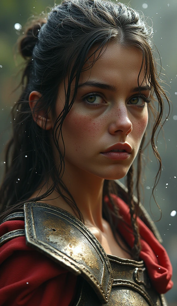 Hyper-realistic digital photo, Beautiful girl, Roman gladiator, the armor engraved high subtly, a lots of anger and pain, Preparing to fight, dropping water, "The War of the Worlds" background, Carne Griffiths and Brian Froud, precise anatomy, with centered symmetrical composition, volumetric lighting, bright color reflections