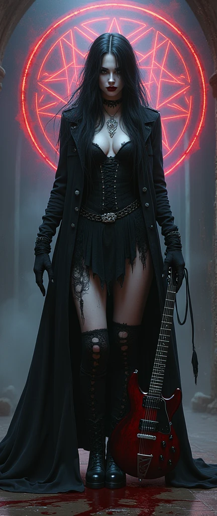 a buff tall emo pale goth female long black trench coat gothic woman evil smug snarling shredding bloody guitar glowing hex circle magic infusion design behind her , depicting occult themes, black velvets, lace, fishnets and leather tinged with scarlet or purple, accessorized with tightly laced corsets, gloves, platform boots and silver jewellery