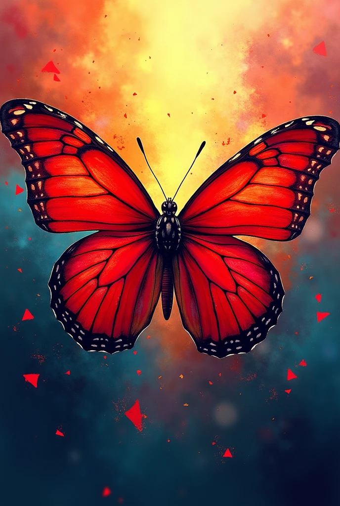 A red butterfly, with an explosion of colors in the background WITH THE WORD PSIU PRODUÇOES line art for LOGO