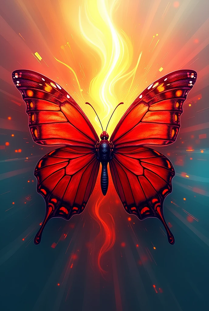 A red butterfly, with an explosion of colors in the background WITH THE WORD PSIU PRODUÇOES line art for LOGO