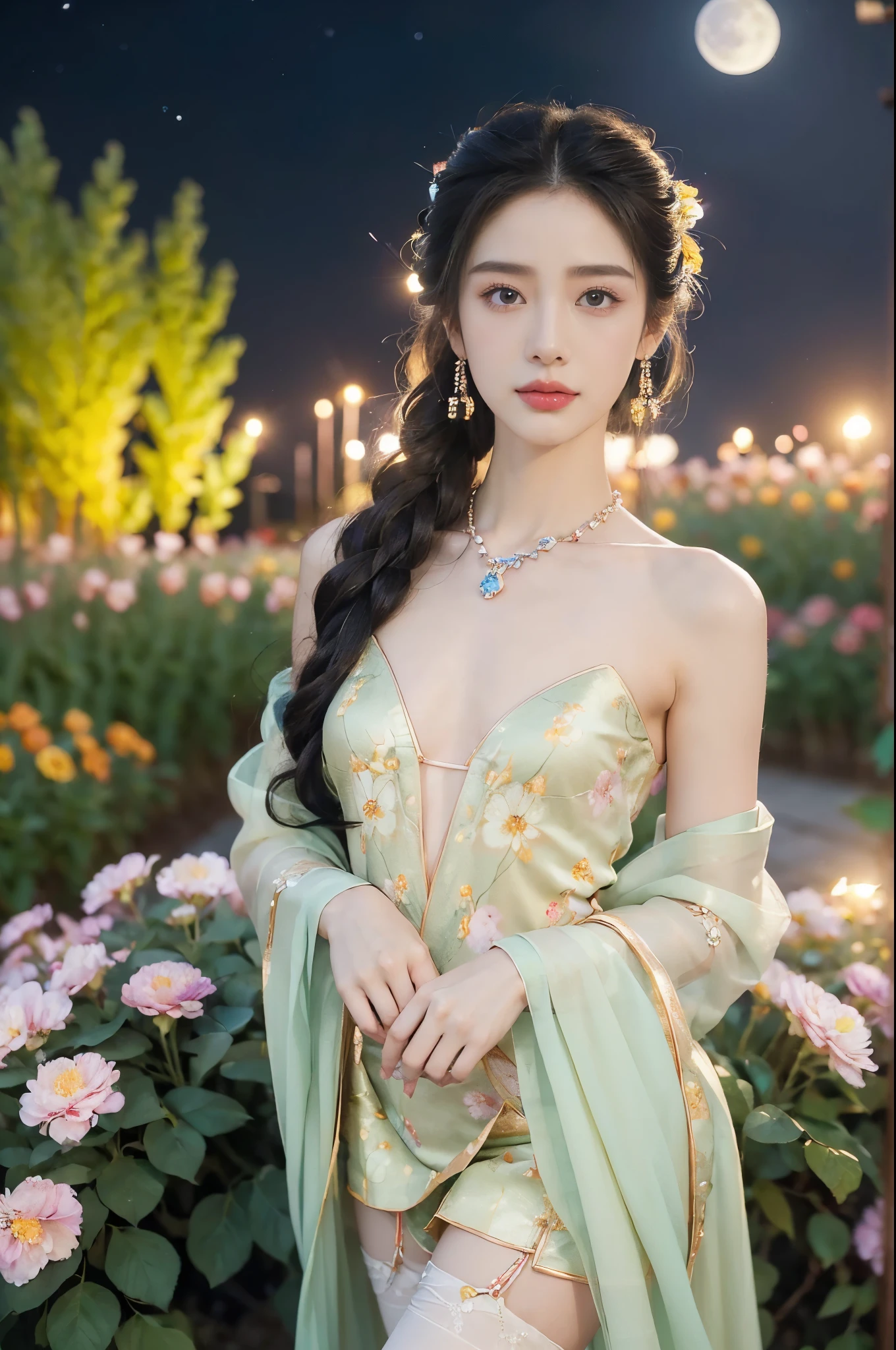(((best quality))),(((ultra detailed))),(((masterpiece))),illustration,((1 beautiful girl,solo)),(neat chignon:1.2),((earrings,crystal necklace)),((slim,thin)),((small breasts,flat chest)),(slender legs:1.2),(stockings:1.3),(a moon in the clear night sky as the background:1.3), gentle glow,(Standing in the world full of vibrant flowers:1.3),(gorgeous hanfu:1.3),sparkling eyes,graceful,(surrounded by crowded colorful flowers:1.5), kaleidoscope, shimmer,bright moonlight, delicate petals, fragrance, otherworldly, magical realm, enchantment, tranquility, essence of beauty, peace,(outdoor:1.),(night scene:1.3),((from front,upper body))