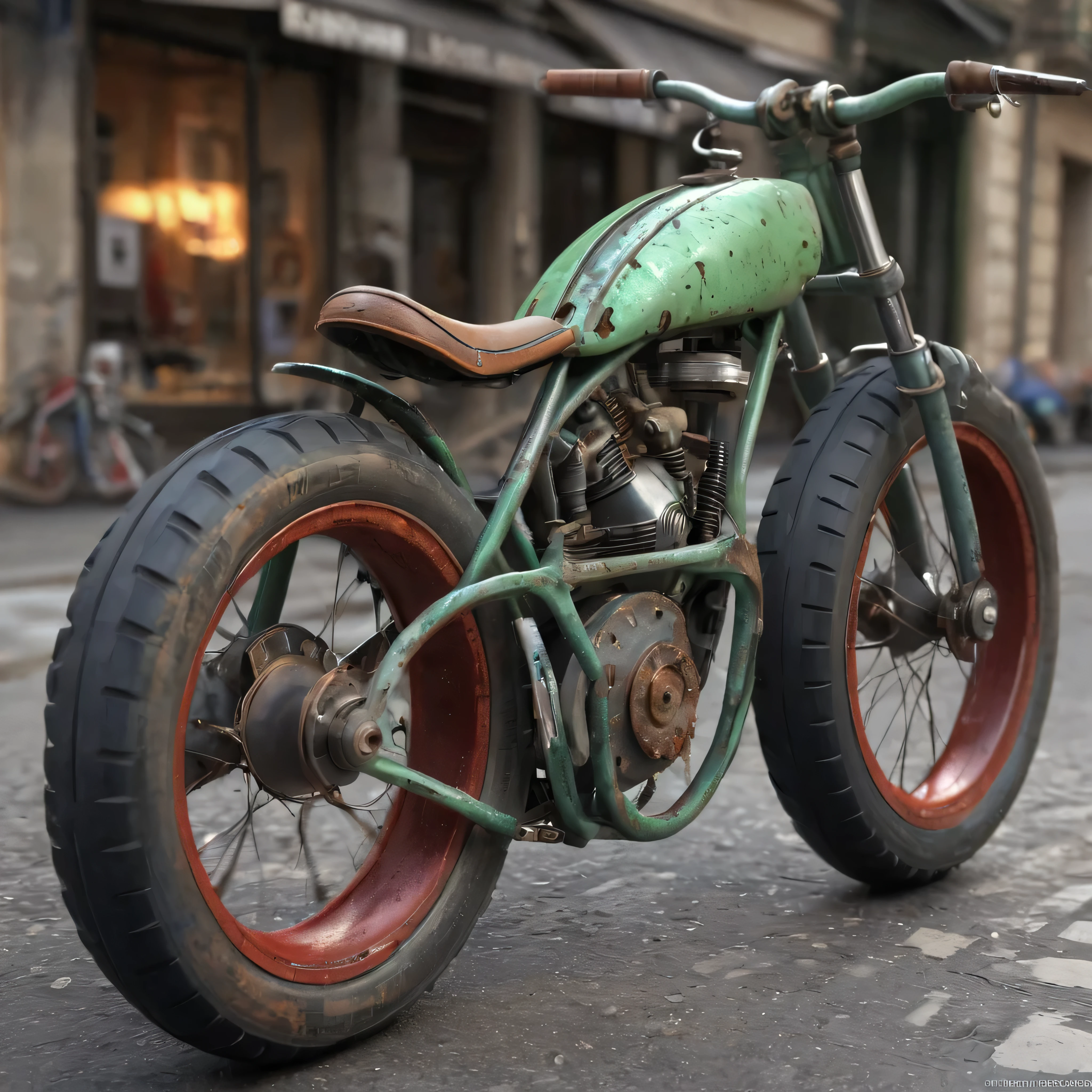 natta . tenebrosa . sci-fi concept design, (deep tire groove:1.1) in rubber tires,lateral view, (((redesign it with 3D rendering representations as reference))) of the cinematographic photographic bicycle, metallic crimson green accents, thrusters glow, racing vehicle, mechanical parts poorly lit Parisian street. 35mm photography, film, bokeh, proffesional, 3D 16K , focus on highly detailed vehicles, (rust:0.65), cracks, cracked surface, subtly messy, dust, jaded, edges rusty dusty, superficial scratches, sun-peeled paint, stains, crumbles, rough, worn, focus on creating 3D rendering samples from various angles and aspects to be explored as props of the original pieces that built it