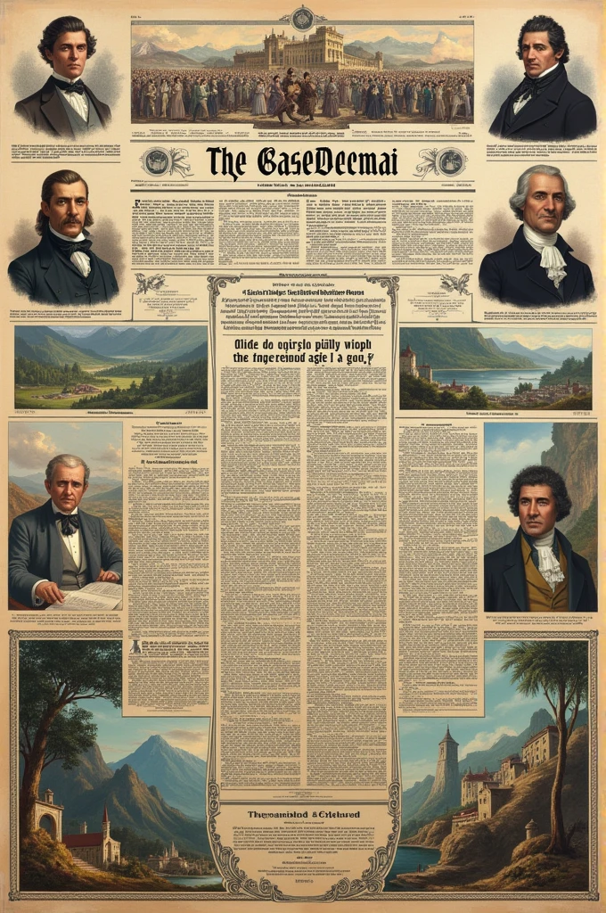 Design the first page of a newspaper that includes the main political, economic and cultural events that occurred during the 1820s. Emphasize the formation and separation of Gran Colombia. Include images related to the period and some advertisements, etc., with little text.