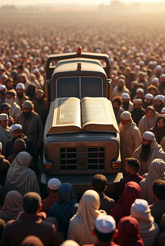 Need a photo in which Quran is placed on a truck and millions of Muslims are watching