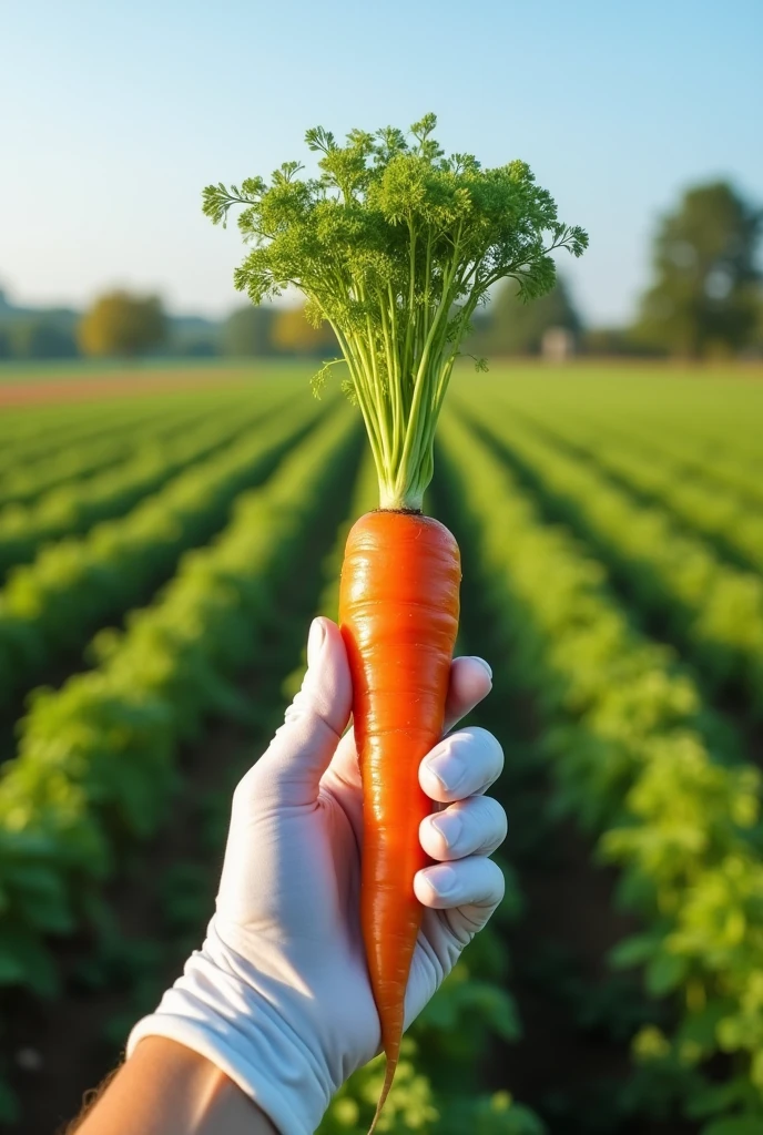 The image shows a hand holding a large carrot in the middle of a field. The carrot appears to be freshly harvested and is orange in color. The hand is wearing a white glove and is holding the carrot with both hands. The background shows a vast agricultural field with rows of crops and trees in the distance. The sky is blue and the overall mood of the image is peaceful and serene.