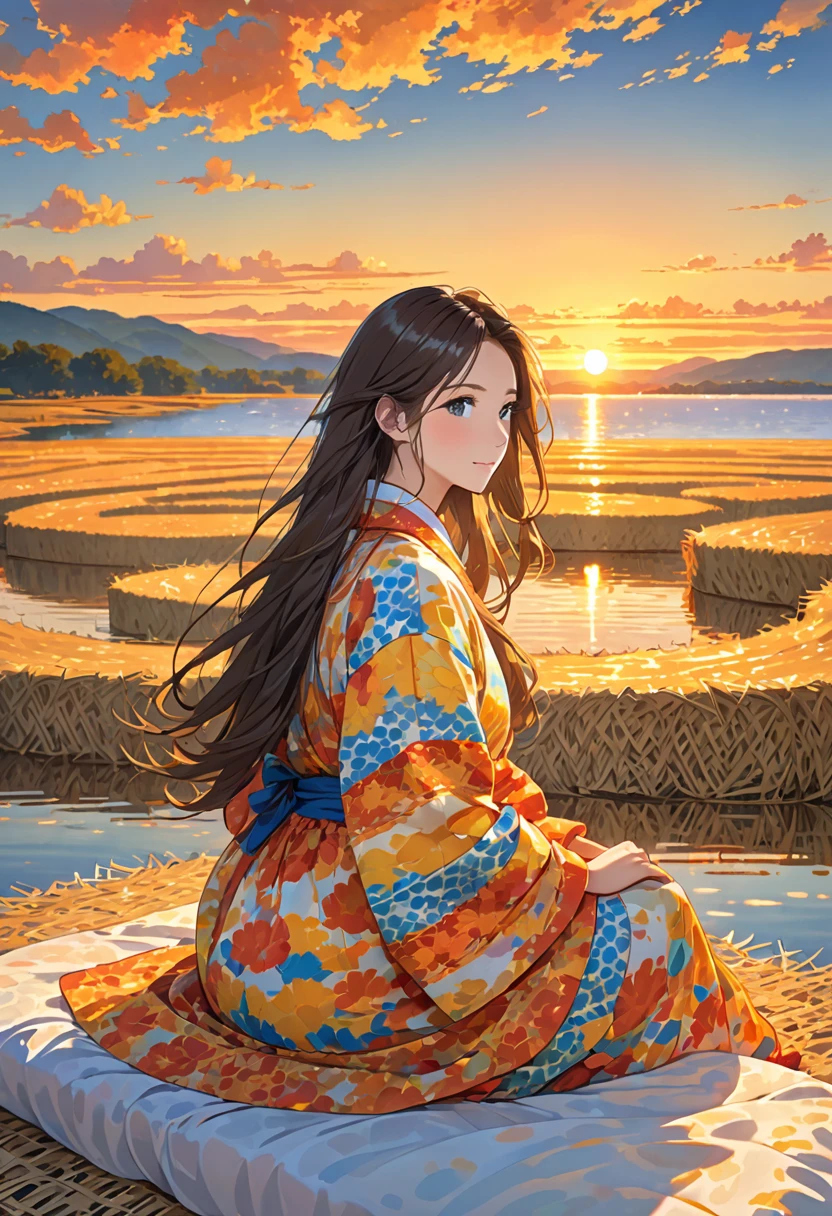 The image shows a person with long hair sitting on a bed of dry hay or straw, facing a colorful sunset over a body of water. The sky is filled with clouds, and the sun is low on the horizon, casting a warm, golden light. The person appears to be wearing a patterned, semi-transparent garment, and their back is to the viewer, gazing out at the tranquil scene.