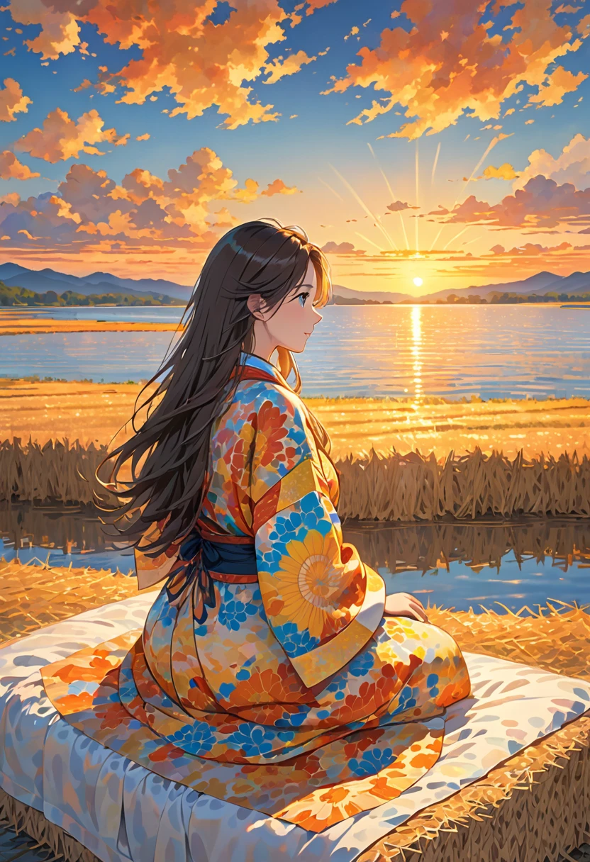 The image shows a person with long hair sitting on a bed of dry hay or straw, facing a colorful sunset over a body of water. The sky is filled with clouds, and the sun is low on the horizon, casting a warm, golden light. The person appears to be wearing a patterned, semi-transparent garment, and their back is to the viewer, gazing out at the tranquil scene.