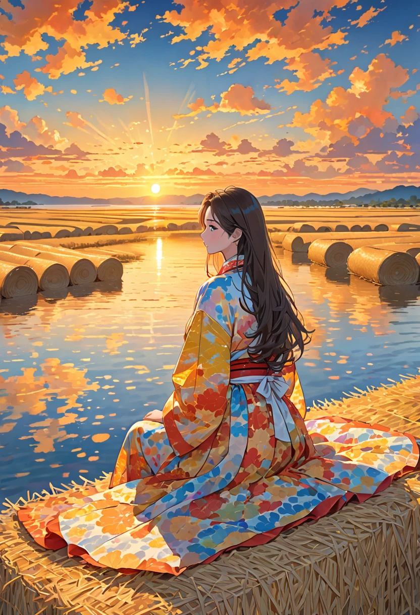 The image shows a person with long hair sitting on a bed of dry hay or straw, facing a colorful sunset over a body of water. The sky is filled with clouds, and the sun is low on the horizon, casting a warm, golden light. The person appears to be wearing a patterned, semi-transparent garment, and their back is to the viewer, gazing out at the tranquil scene.