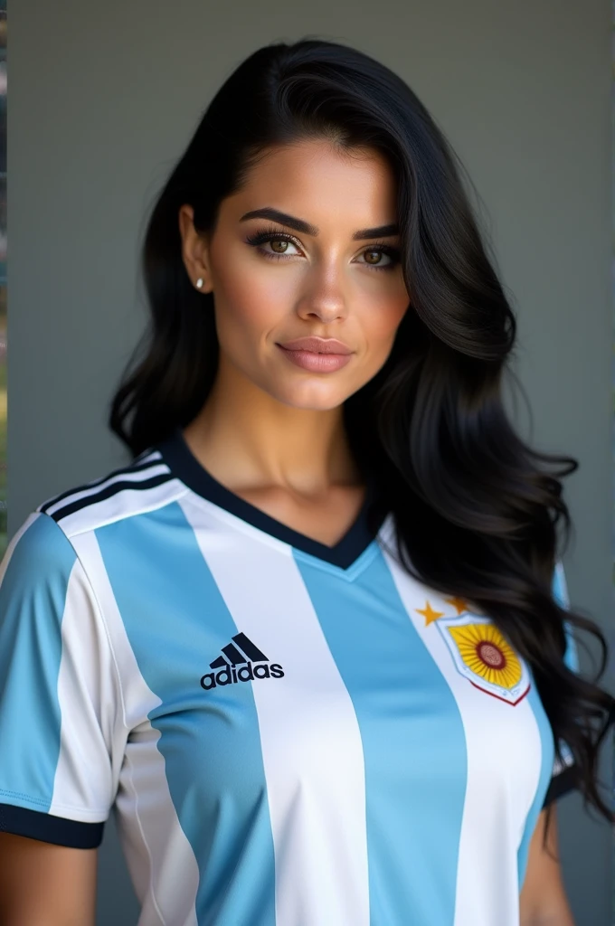 Beautiful women wearing argentina 
Jersey with black hairs
