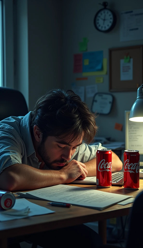 A person sitting at a desk with multiple empty Coca-Cola cans around them, looking tired and sleepy."
