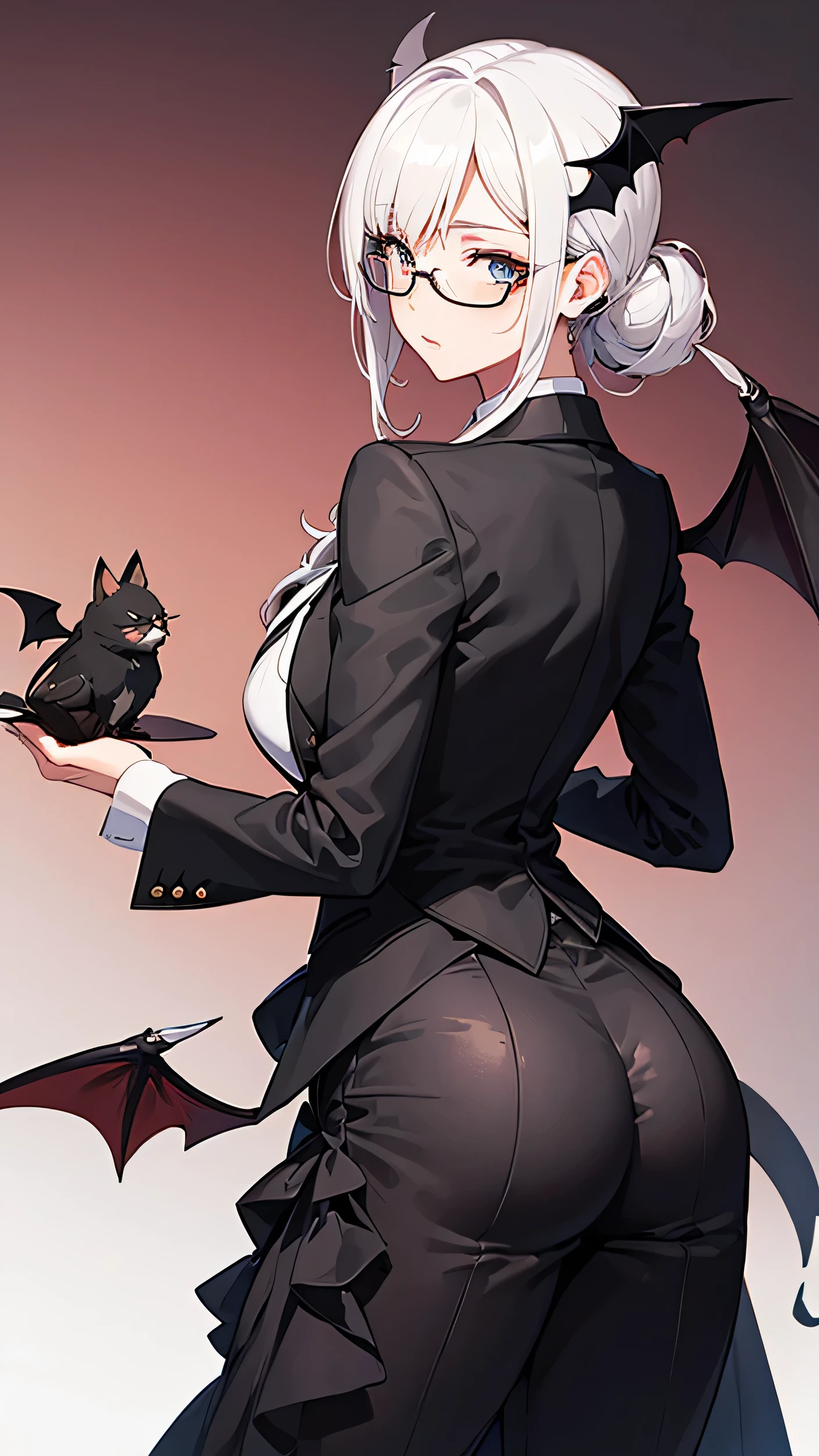 （（（High quality）））, butler, female, tailcoat, （（two bat wings growing from the back））, wearing glasses, intelligent, firm buttocks,