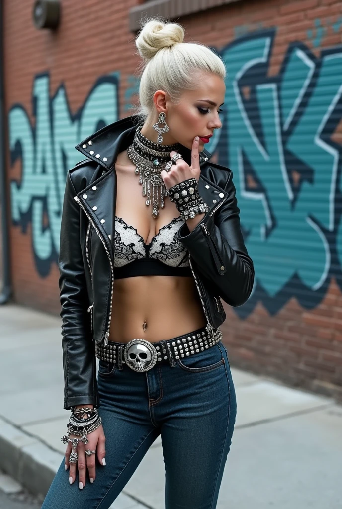 russian old milf woman, blonde hair (top bun), with very light blue eyes, extremely pale. Wearing studded cropped black moto jacket (with lots of side zippers and pins), black and white lace push up bra , dark skinny blue jeans and pointy silver Chelsea boots with cuban heels . Lots of thick wide studded  bracelets, chain collars and big rings. Tacky wide studded leather belt with big skull and bones round buckle. Long earrings with feathers. Standing up, humble facial expression. Hands touching her neck in a shy way, showing off bracelets and rings. Chains around belt.. Listening in amazement to somebody speaking to her, toned six pack abdominals, thin neck, slim legs and thin arms. Narrow hips. Pierced belly button Tattoed heavily. Graffitied brick wallin Bronx