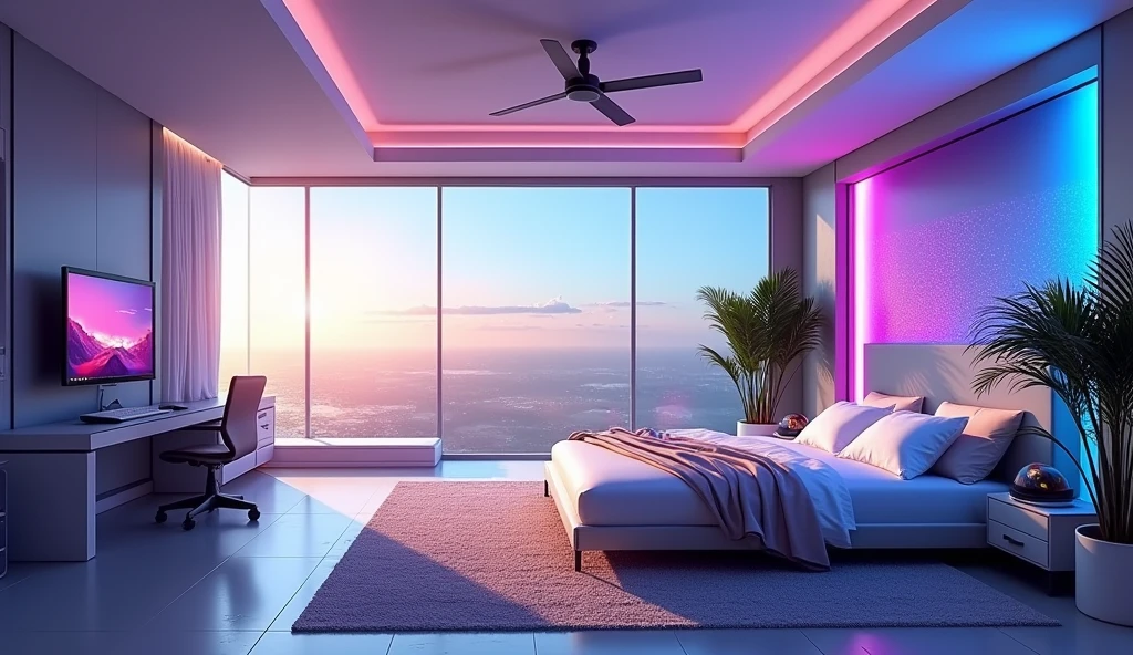 futuristic rich billionaire modern room, futuristic rich billionaire modern LED white lights, futuristic rich billionaire modern bedroom, realistic view, realistic sky, sun reflection, uncommon and unique, realistic shadow, realistic shader, dynamic lighting, modern white LED lights, master bedroom, king size bed, big room and big window, gaming computer setup with blue and purple color neon lights, corner view, big length,