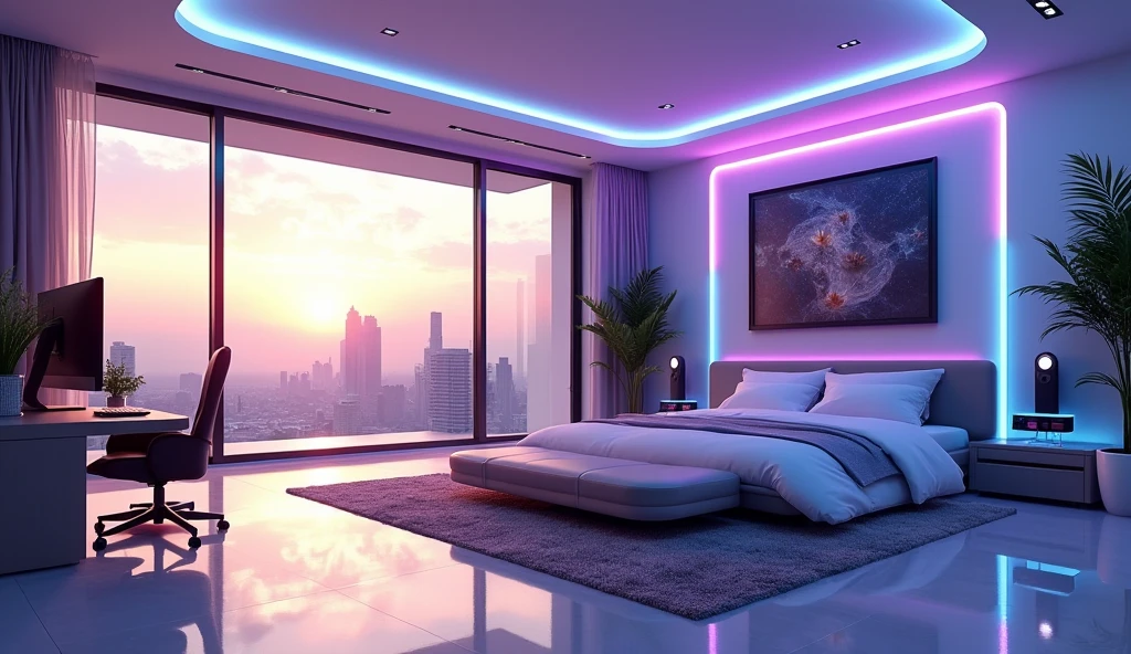 futuristic rich billionaire modern room, futuristic rich billionaire modern LED white lights, futuristic rich billionaire modern bedroom, realistic view, realistic sky, sun reflection, uncommon and unique, realistic shadow, realistic shader, dynamic lighting, modern white LED lights, master bedroom, king size bed, big room and big window, gaming computer setup with blue and purple color neon lights, corner view, big length,