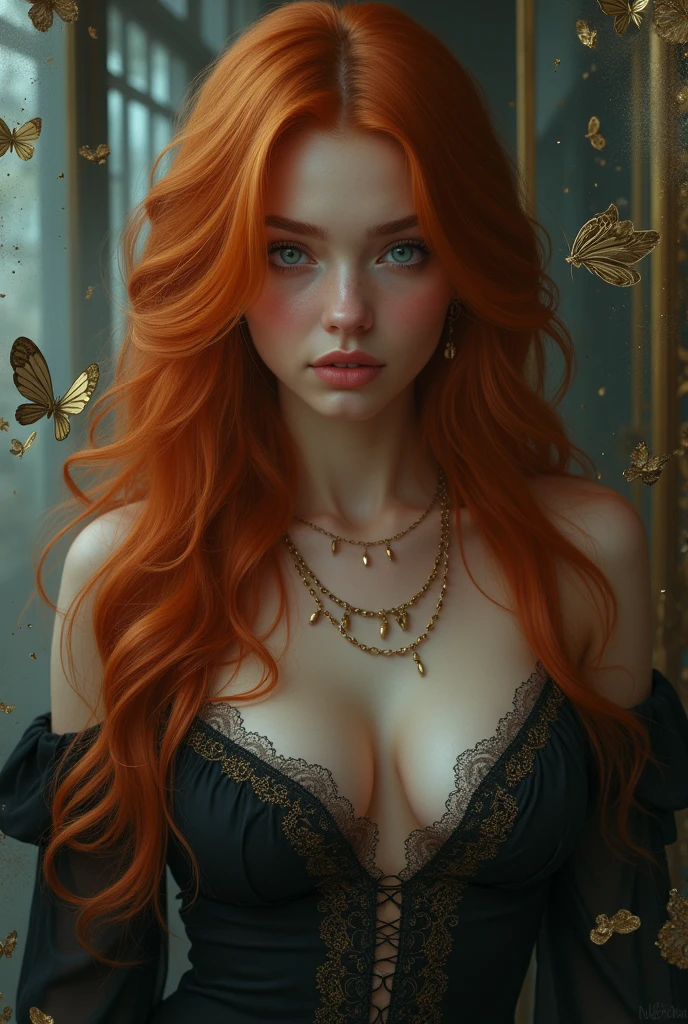 (solo, full body photo:1.3), (action packed:1.3), (haze, fog, mist:1.3), chiaroscuro, best quality, photorealistic, 1woman, (cute), (24yo:1.2), redhead, long ginger hair highly detailed, 1700'S, digital photography, art by artgerm and ruan jia and greg rutkowski surreal painting gold butterfly filigree, broken glass, (masterpiece, sidelighting, finely detailed Fashionable eyes: 1.2) (perfect oval large eyes that gazes at the viewer), beautiful detailed face, blue gorgeous perfect eyes, (blonde hair ponytail), (attractive young woman:1.3), (thick amazing hair), (seductive:1.1), (blushing:1.1)