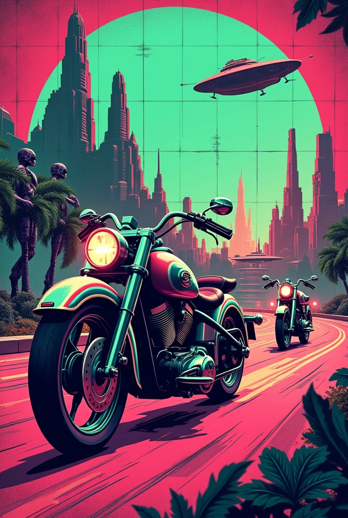 "A retro t-shirt design featuring 1940s shopper motorbikes driving through a futuristic landscape with robots watching the action. The design uses neon colors like pink and green, with a grid background and a worn texture."
