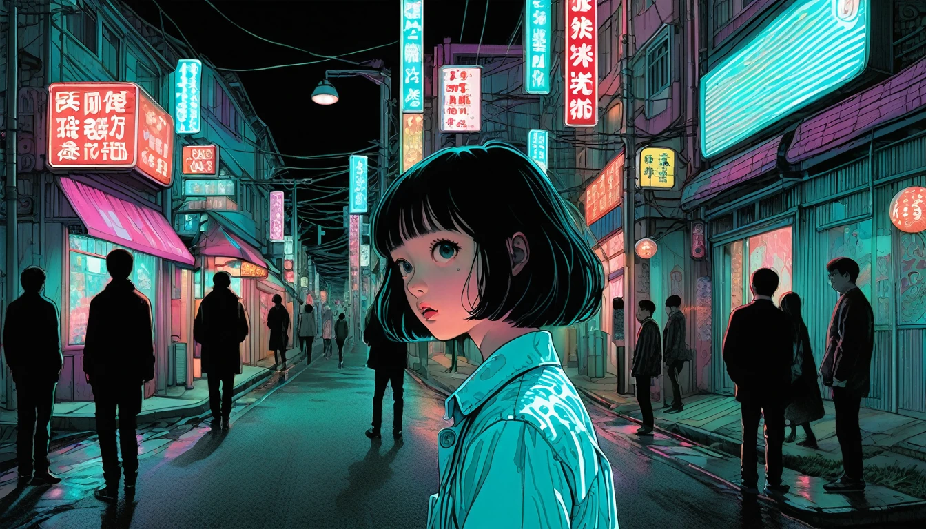 An illustration、art、Supervised by Junji Ito、Overaction、Overreaction、Pretending to be scared、Attention to detail, Realistic shadows、Analog Style, chromatic aberration, Surrealism、Neon Town
