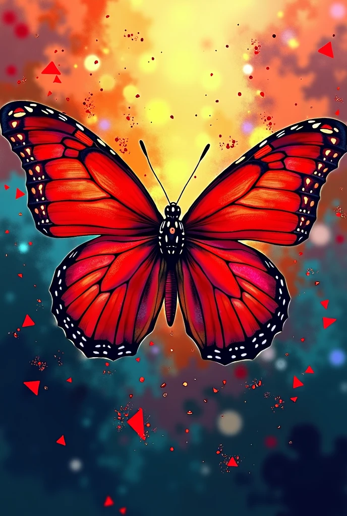 A red butterfly, with an explosion of colors in the background WITH THE WORD PSIU PRODUÇOES line art for LOGO
