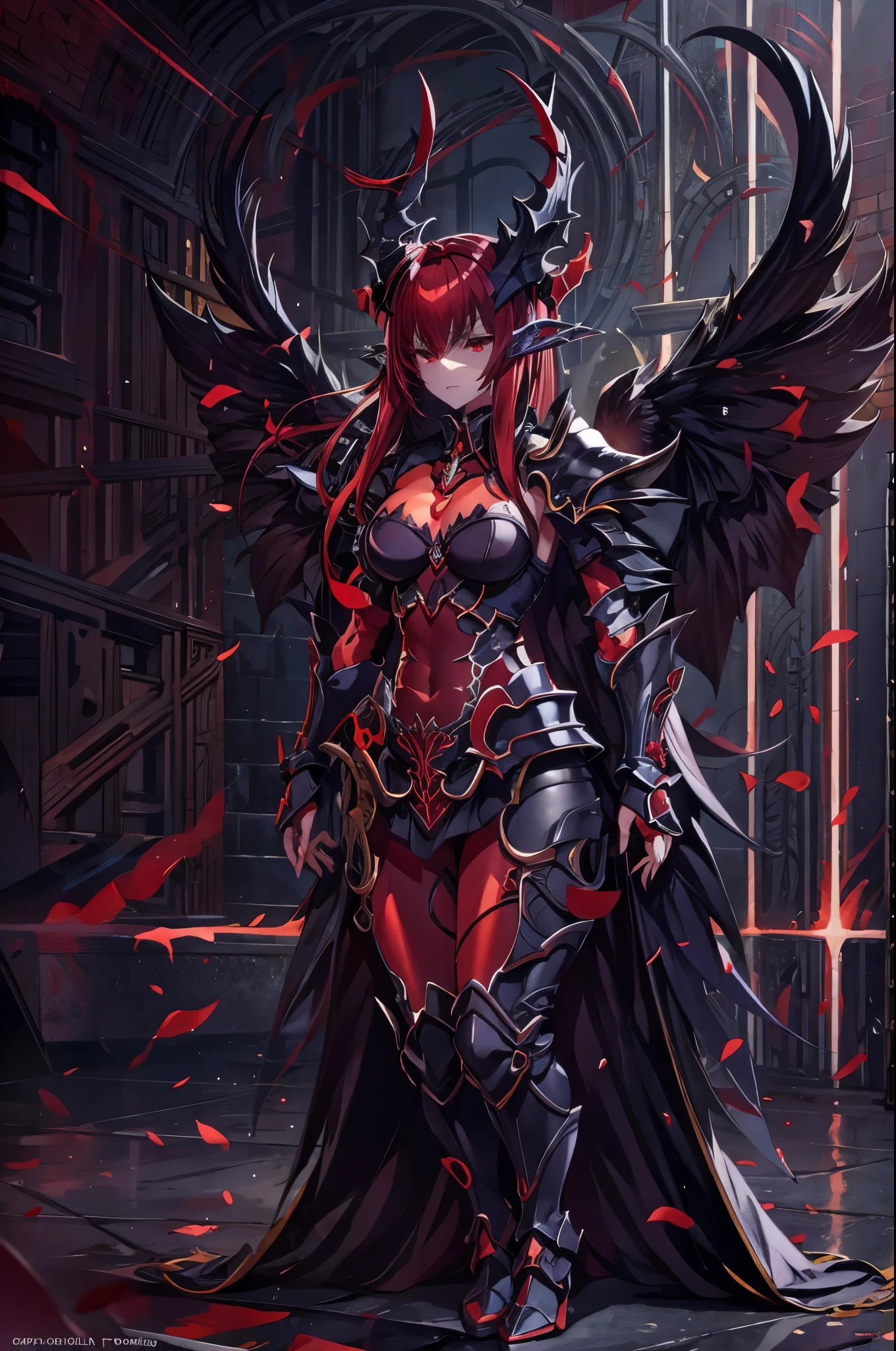 voll body Portrait of a demonic Female Generail long red hair wearing red black armor she has horns and black wings 4k sehr detailierte details 3d